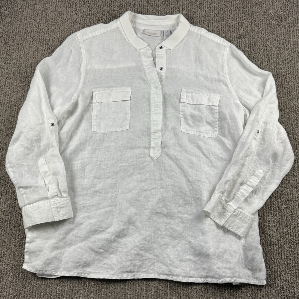 Chicos Womens 3 XL 100% Linen Popover Snap Shirt Long Sleeve White Beach